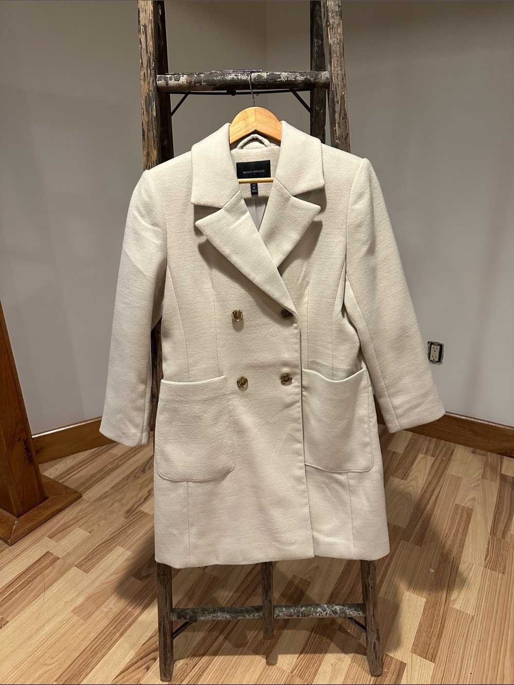Banana Republic Cream Double-Breasted Pea Coat with Wood Grain Buttons